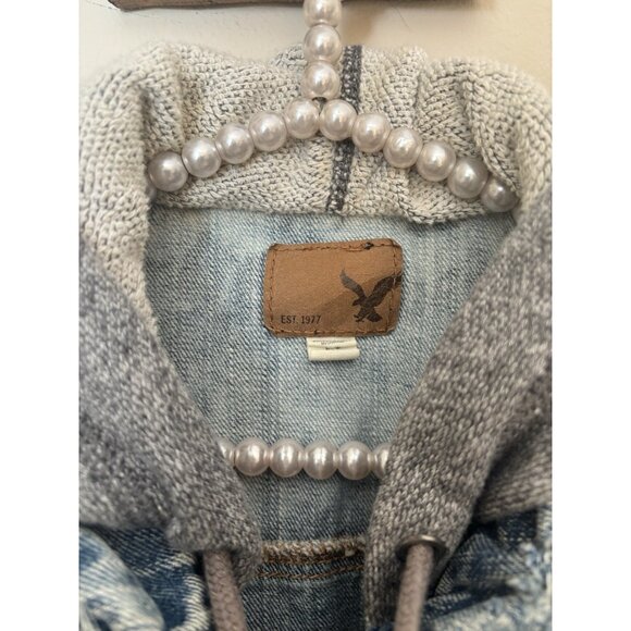American Eagle Outfitters Size L Hooded Denim Jean Jacket Grey Sweatshirt Sleeve - Picture 6 of 7
